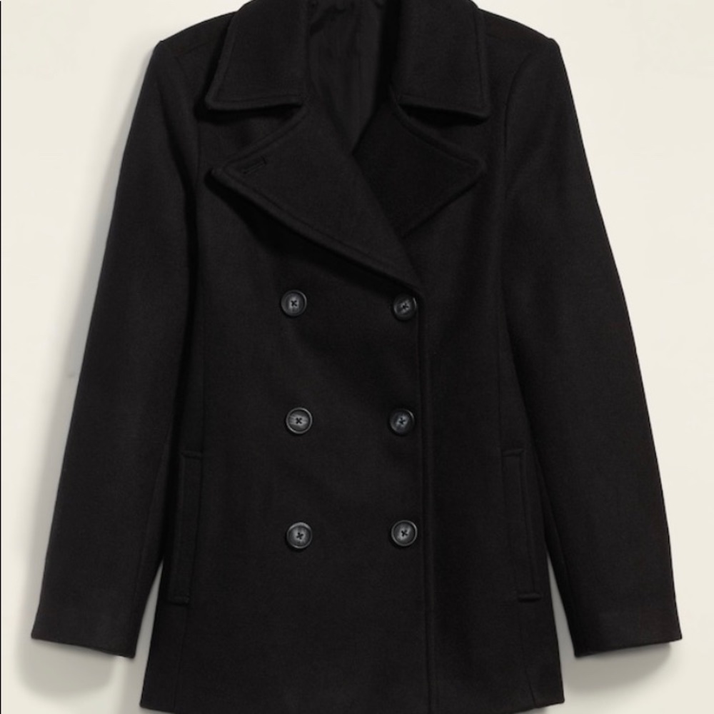 Soft-brushed women black pea coat.